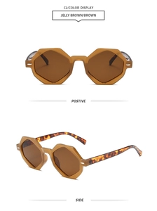 Détails de lunettes de soleil octogonales marron translucide avec branches écaillées