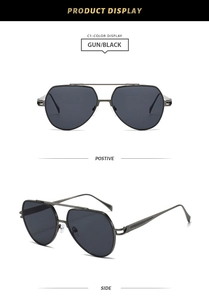 Detailed views of gunmetal pilot sunglasses with double-bridge design and black lenses