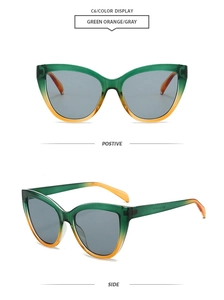 Front and side views of vintage cat-eye sunglasses with green to orange gradient frames