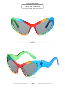 Detail of cat eye sunglasses with rainbow gradient frames and unique wavy temples