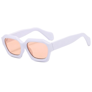 Modern white geometric sunglasses with light orange lenses for autumn fashion trends