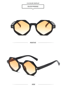 Détail des lunettes C3 hexagonales avec monture noire et verres dégradés orange