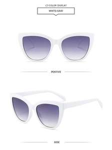 Detailed views of white cat-eye sunglasses featuring purple gradient lenses and large frames