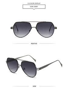 Detailed views of gunmetal aviator sunglasses with gray gradient lenses and double bridge