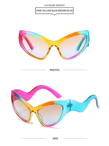Front and side views of cat eye sunglasses with pink yellow blue gradient frames