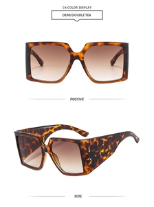 Vue détaillée de face et de profil de lunettes de soleil carrées oversize en écaille