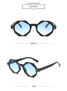 Vues de face et de profil de lunettes de soleil octogonales noires à verres dégradés