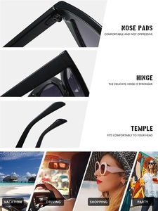 Detailed views of vintage cat eye sunglasses showing nose pads, hinges and temple design