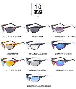 Grid display of 10 color options for wrap-around sporty cat-eye sunglasses with colorful patterns