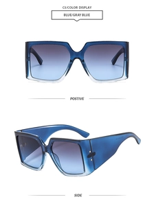Détails de lunettes de soleil carrées dégradé bleu avec larges branches et décor en croix
