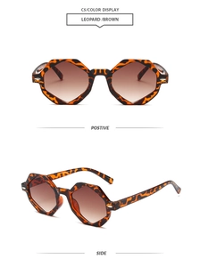 Vue détaillée de lunettes de soleil octogonales avec monture léopard et verres bruns