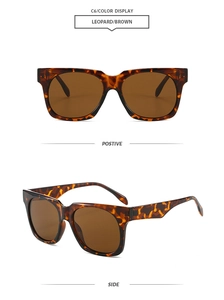 Detail view of leopard print square sunglasses with brown lenses from front and side angles
