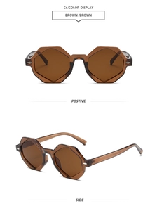 Vues détaillées de lunettes de soleil polygonales marron avec montures en acétate translucide
