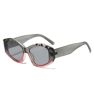 Modern irregular geometric cat-eye sunglasses with translucent dark grey frames