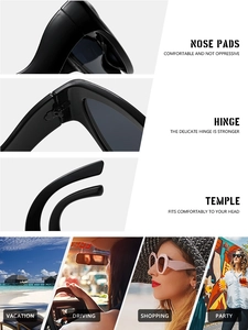 Detail of cat eye sunglasses with reinforced metal hinges and ergonomic temples