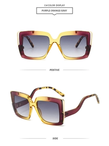 Front and side view of oversized square sunglasses with purple-orange gradient frames