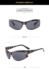 Front and side view of trendy camouflage sports sunglasses with dark grey lenses