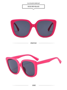 Detail view of square rose red Y2K sunglasses with black lenses from front and side angles