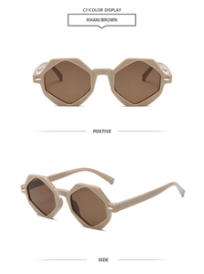 Vue détaillée de lunettes de soleil octogonales kaki avec verres bruns sous plusieurs angles