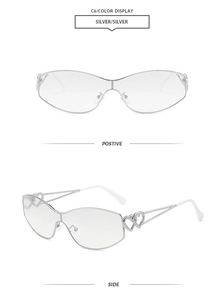 Detailed front and side views of Y2K silver double heart cat eye glasses with clear lenses