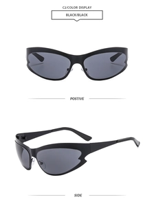 Front and side views of black cat-eye sports sunglasses with dark gray lenses