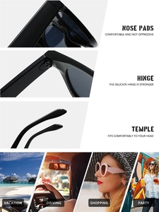 Detail of square sunglasses with integrated nose pads, metal hinges and outdoor scenes