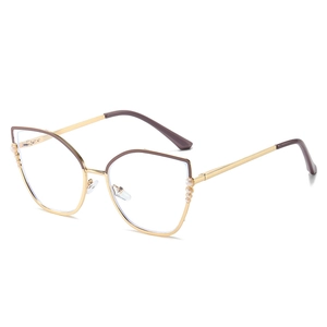 Retro cat-eye metal glasses frame with elegant pearl accents and brown top bar detail