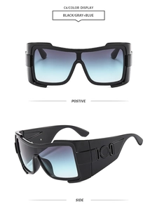 Front and side view of large frame oversized sunglasses with wide temples and gradient lenses