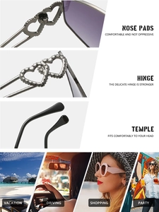 Detail of heart-shaped hollow hinge with beads and purple gradient sunglasses lenses