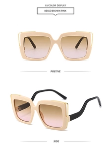 Detailed front and side views of square beige sunglasses with brown pink gradient lenses