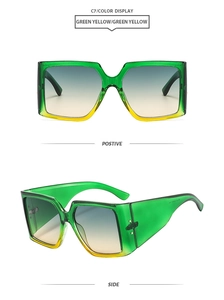 Détail des lunettes de soleil carrées oversize avec monture dégradée vert et jaune