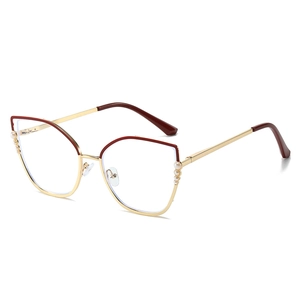 Cat eye glasses frames with gold metal, burgundy accents and pearl decorations