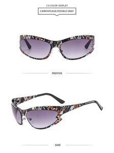 Detail view of camouflage cat eye sunglasses with purple gradient lenses for sports