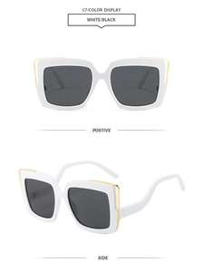 Front and side macro views of white square oversized sunglasses with gold metal accents