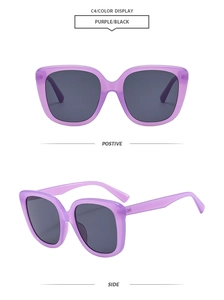 Detail view of purple transparent square sunglasses with black lenses in C4 color way