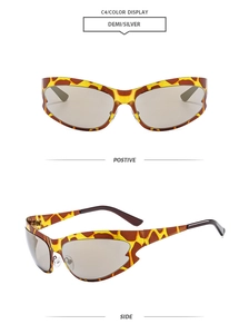 Detailed front and side views of cat eye sports sunglasses with giraffe pattern frames