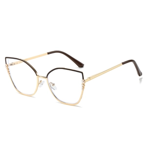 Retro cat eye glasses frame with gold metal finish and pearl accents for women