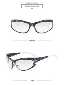 Detailed front and side views of camouflage sports sunglasses with silver lenses