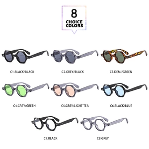 Eight stylish colors of retro hexagonal sunglasses shown in a flat lay product grid