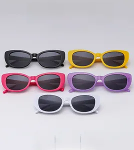 Detailed comparison of vintage cat-eye sunglasses in black, yellow, pink, purple, and white