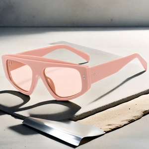 Detail view of pink flat top sunglasses with silver rivets on grey textured stone