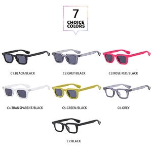 Selezione di sette occhiali da sole rettangolari alla moda e montature in vari colori vivaci