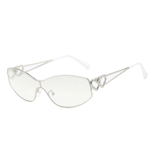 Silver cat-eye sunglasses with unique double heart diamante frame and white temple tips