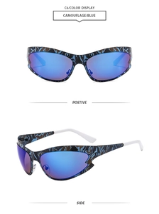 Detail of camouflage blue sports sunglasses with reflective lenses and white temples