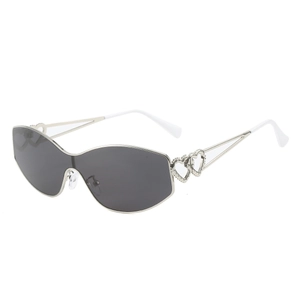 Fashion double heart sunglasses with silver metal frame and dark grey cat eye lenses