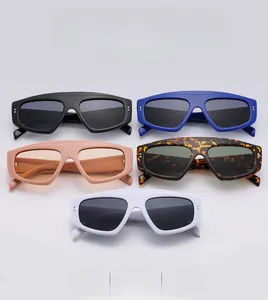 Array of oversized geometric sunglasses in black, blue, pink, tortoiseshell and white