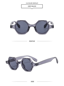 Detailed front and side views of vintage polygon grey sunglasses with metallic rivets