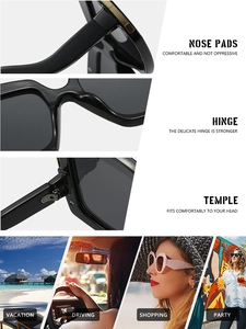 Detail view of square sunglasses with reinforced hinges and integrated nose pads