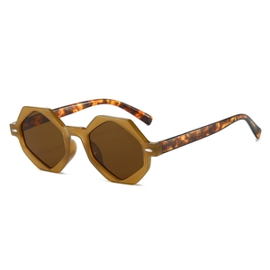 Lunettes de soleil hexagonales avec monture marron translucide et branches écaillées