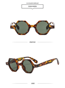 Front and side view of hexagonal tortoise shell sunglasses with dark green lenses